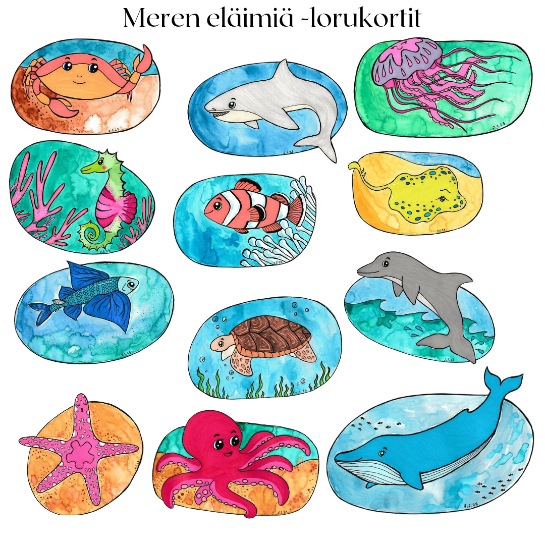 Meren eläimiä -lorukortit tiedostona