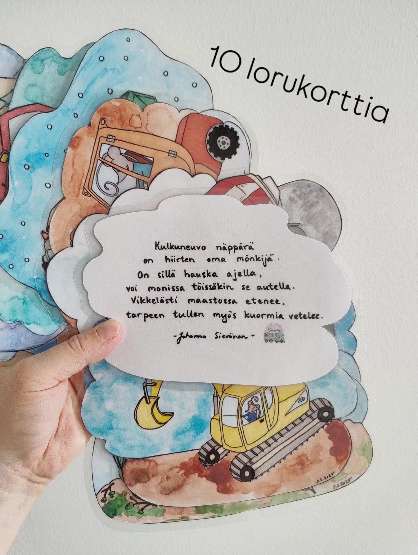 Hiirten työkoneita valmiiksi askarreltuina lorukortteina