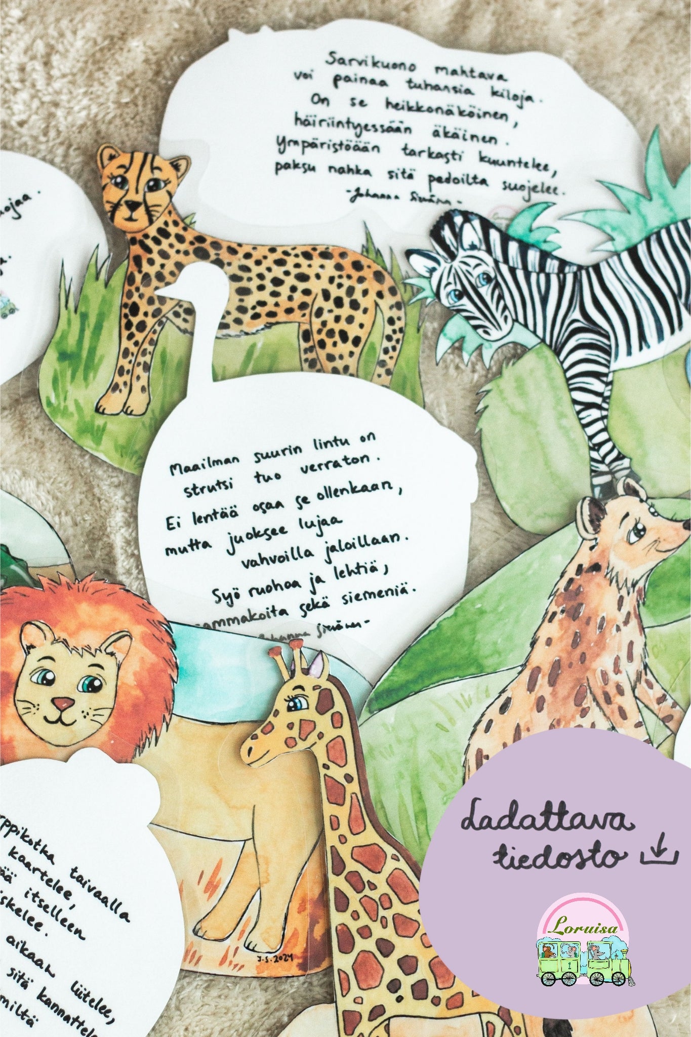 Savannin eläimiä -lorukortit tiedostona