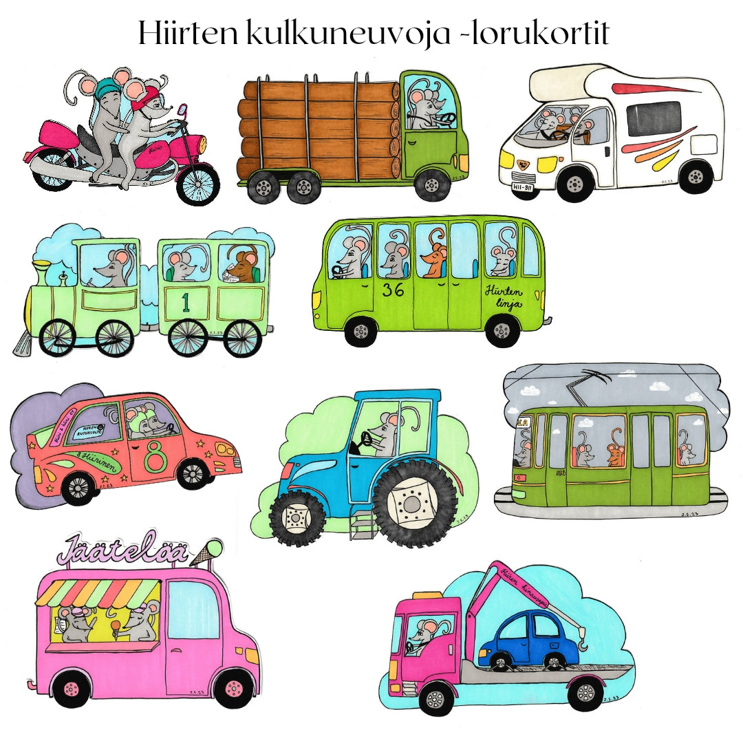 Hiirten kulkuneuvoja -lorukortit