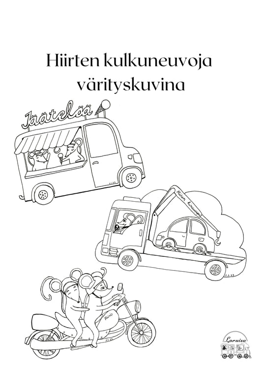 Hiirten kulkuneuvoja värityskuvina