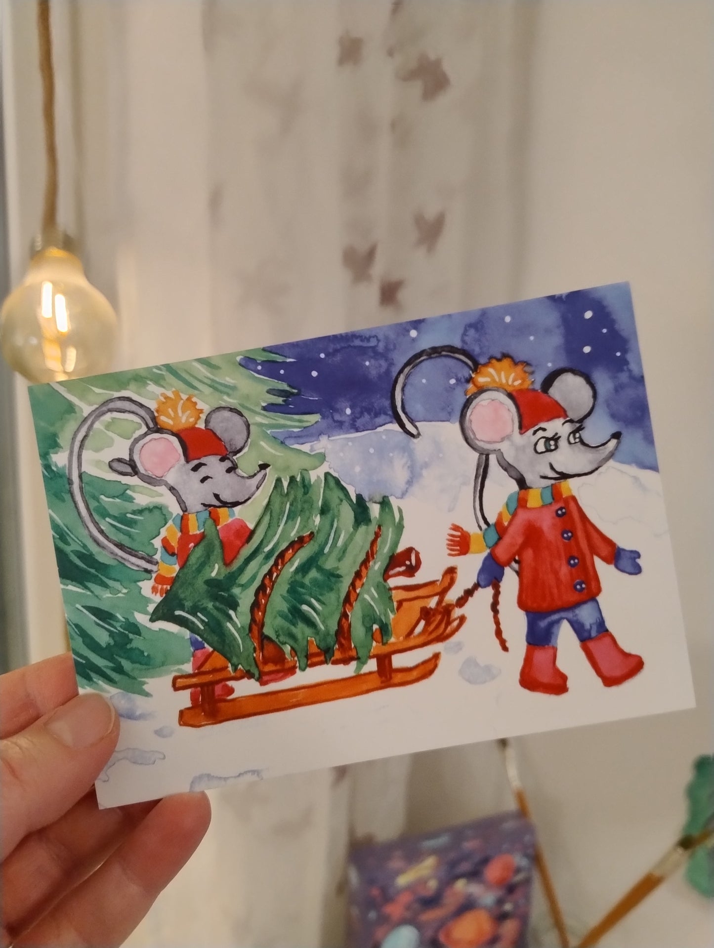 Jouluinen postikortti: Kuusenhaku