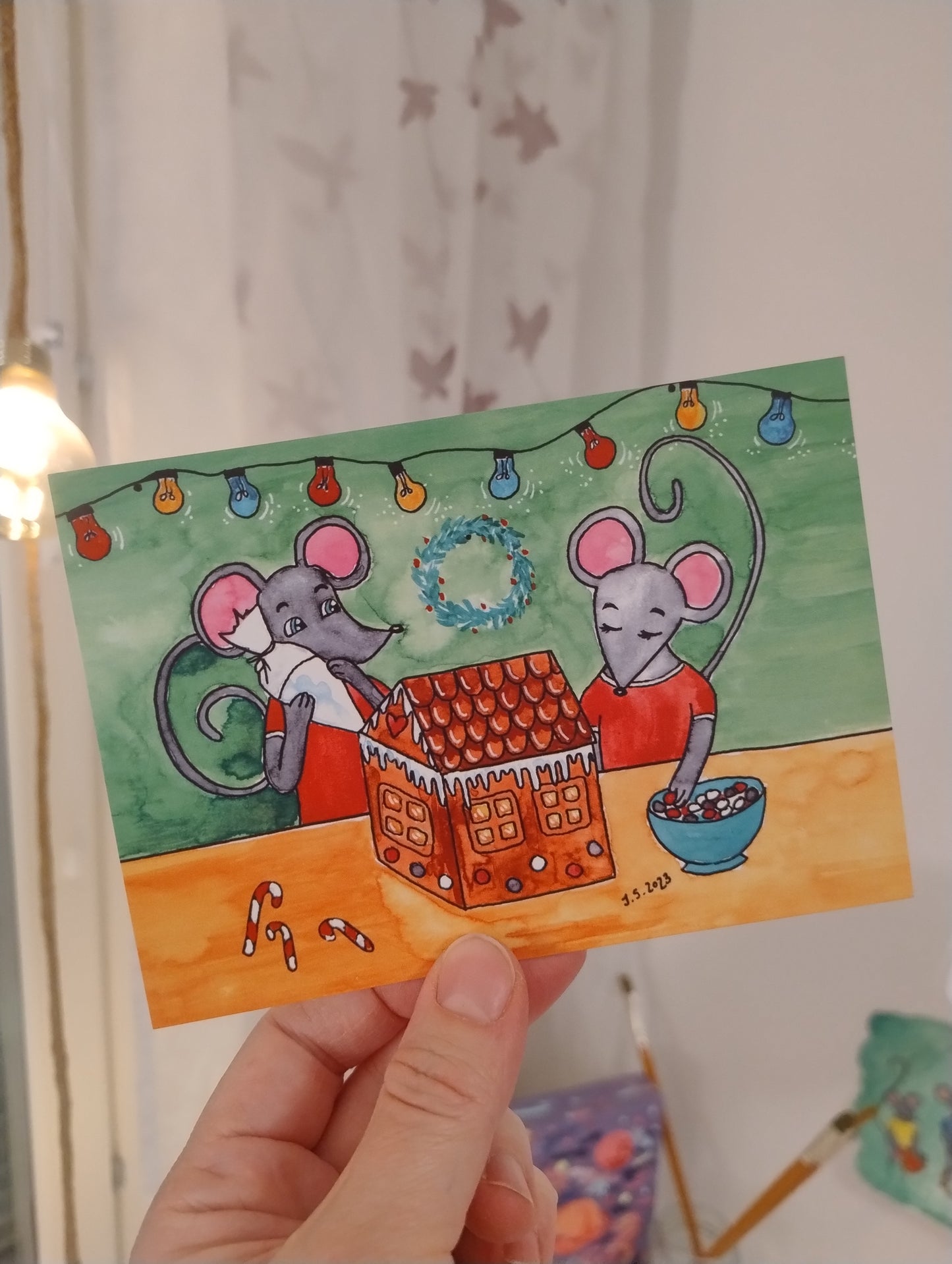 Jouluinen postikortti: Talonrakennusta