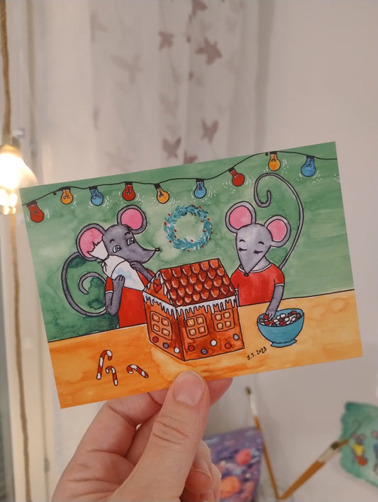 Jouluinen postikortti: Talonrakennusta