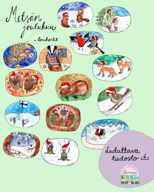 Metsän joulukuu -lorukortit (PDF-tiedostona)